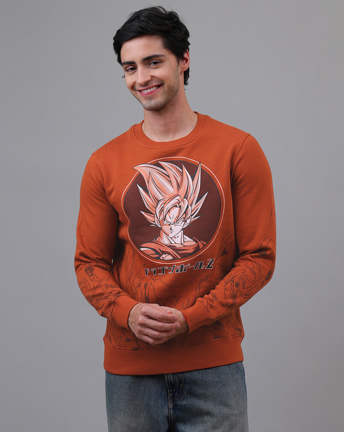 Dragon Ball Z: Goku Anime Printed Regular Fit Brown Sweatshirt For Men