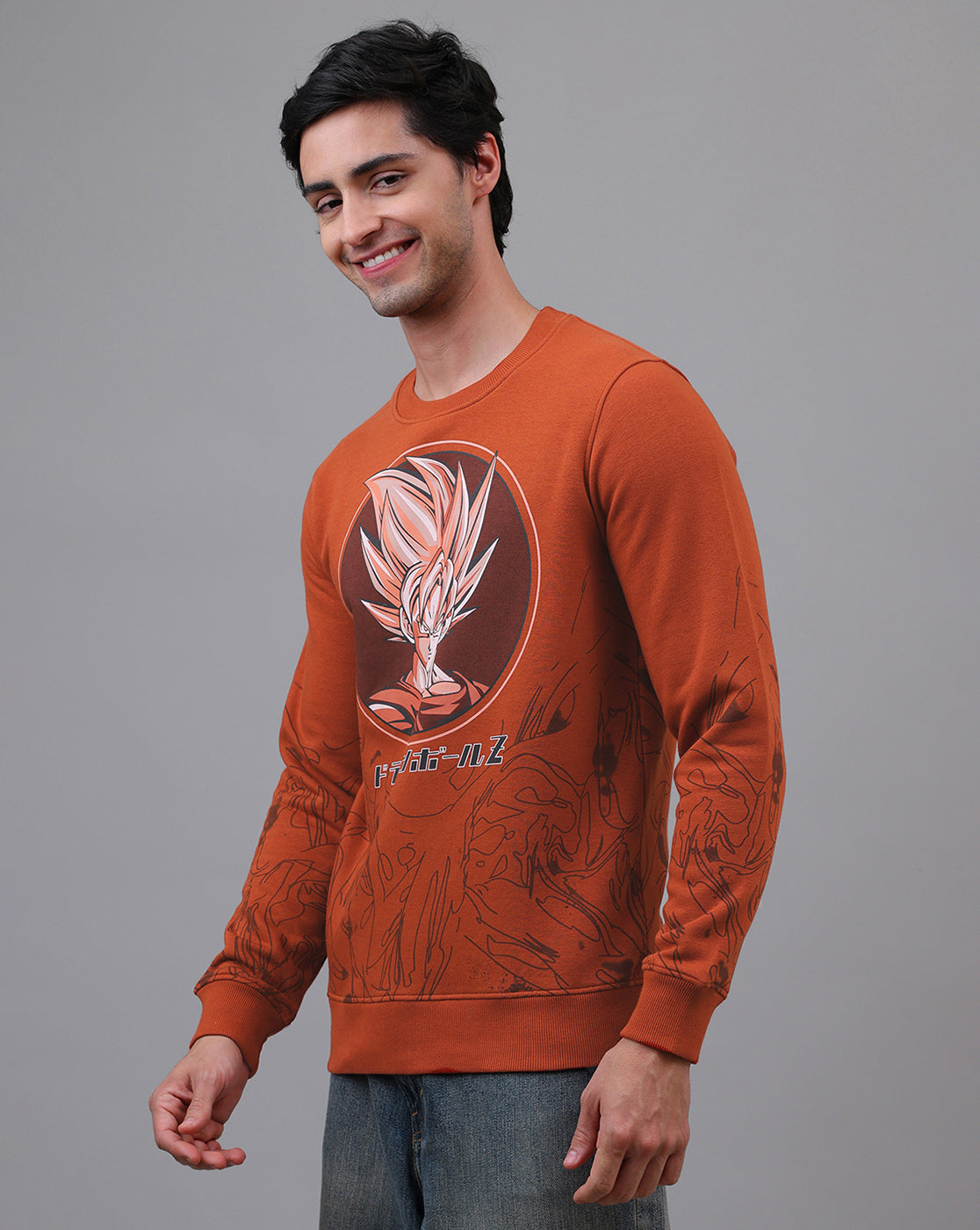 Dragon Ball Z: Goku Anime Printed Regular Fit Brown Sweatshirt For Men