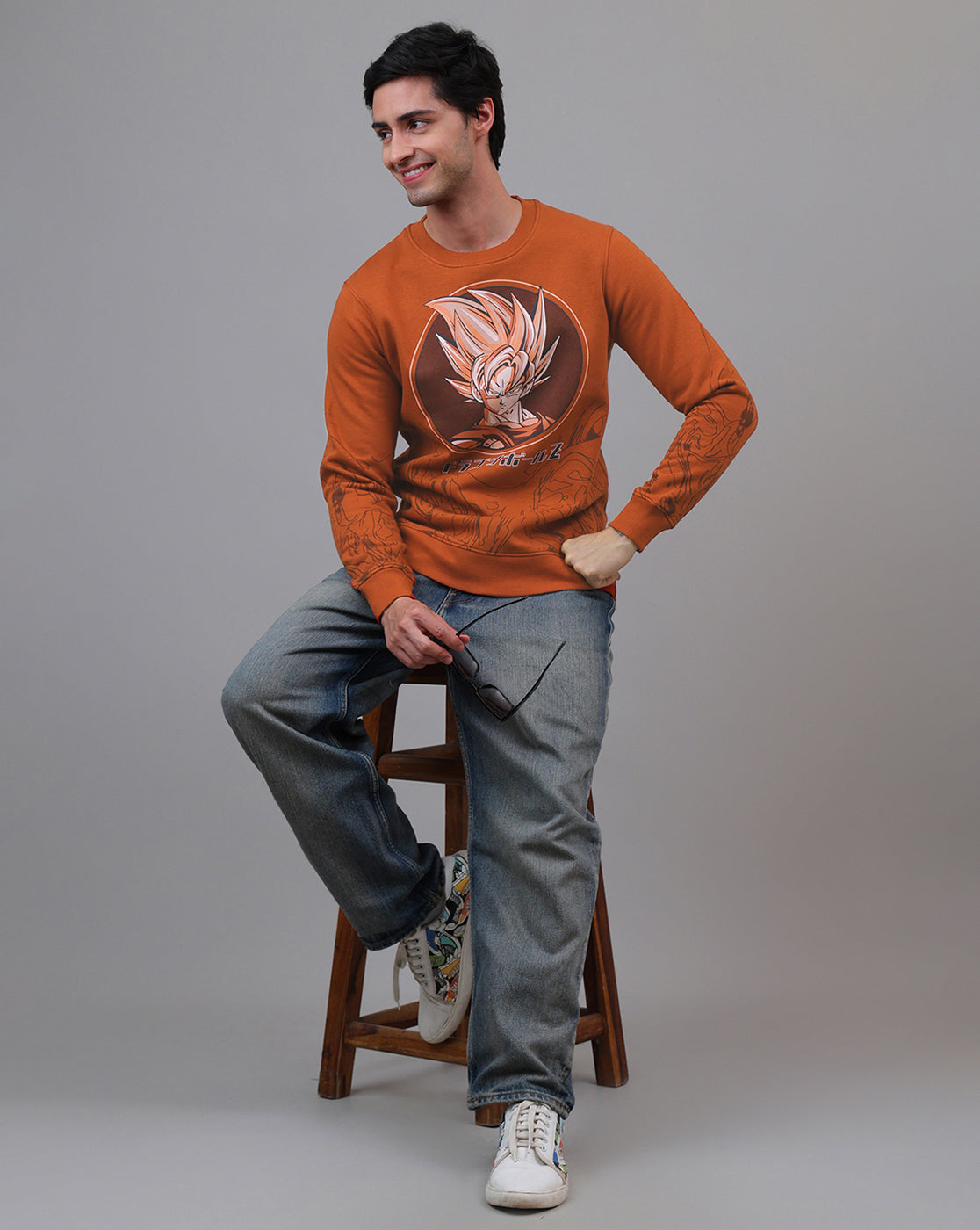 Dragon Ball Z: Goku Anime Printed Regular Fit Brown Sweatshirt For Men