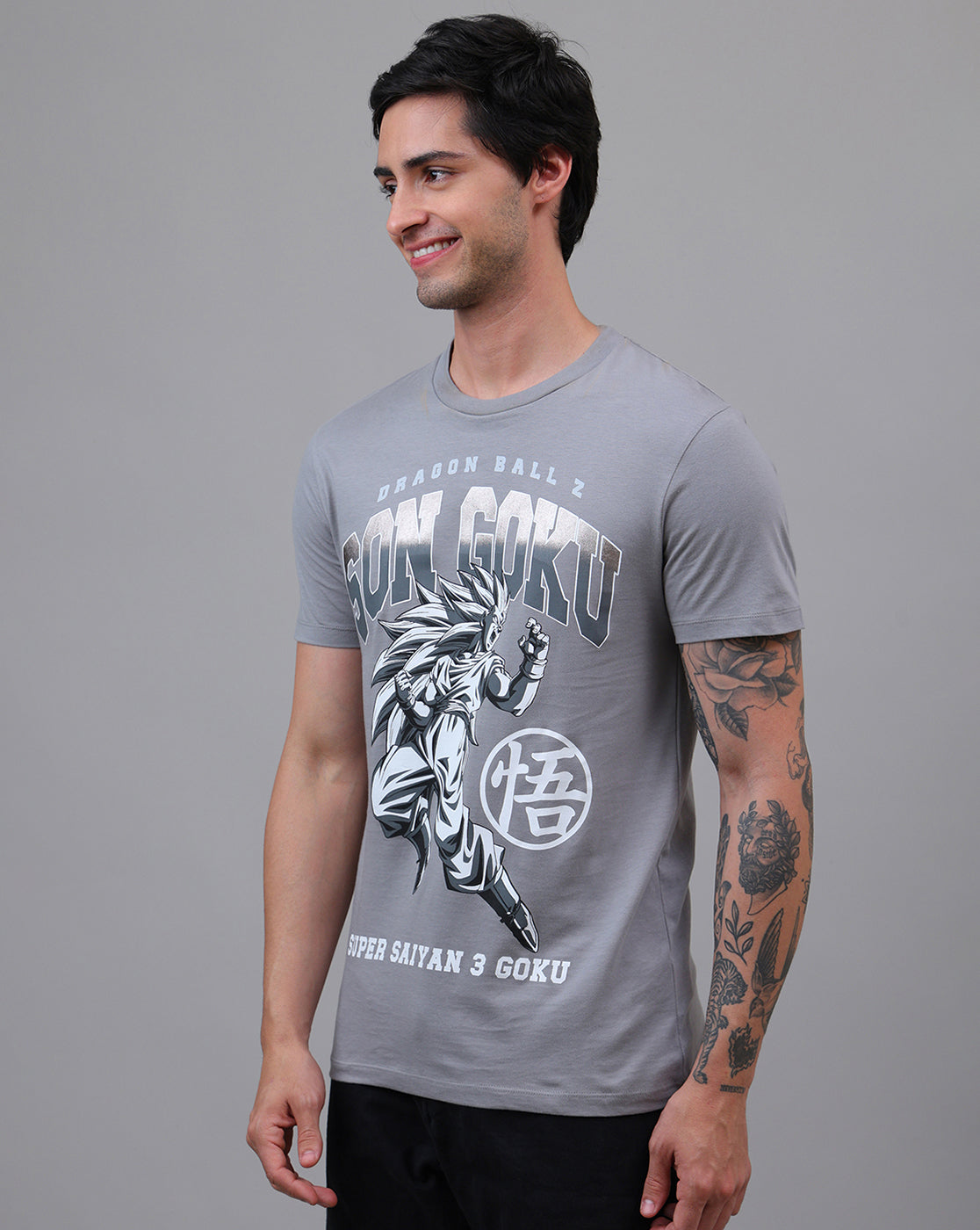 Dragon Ball Z: Son Goku Anime Printed Pure Cotton Grey Regular Fit Tshirt For Men