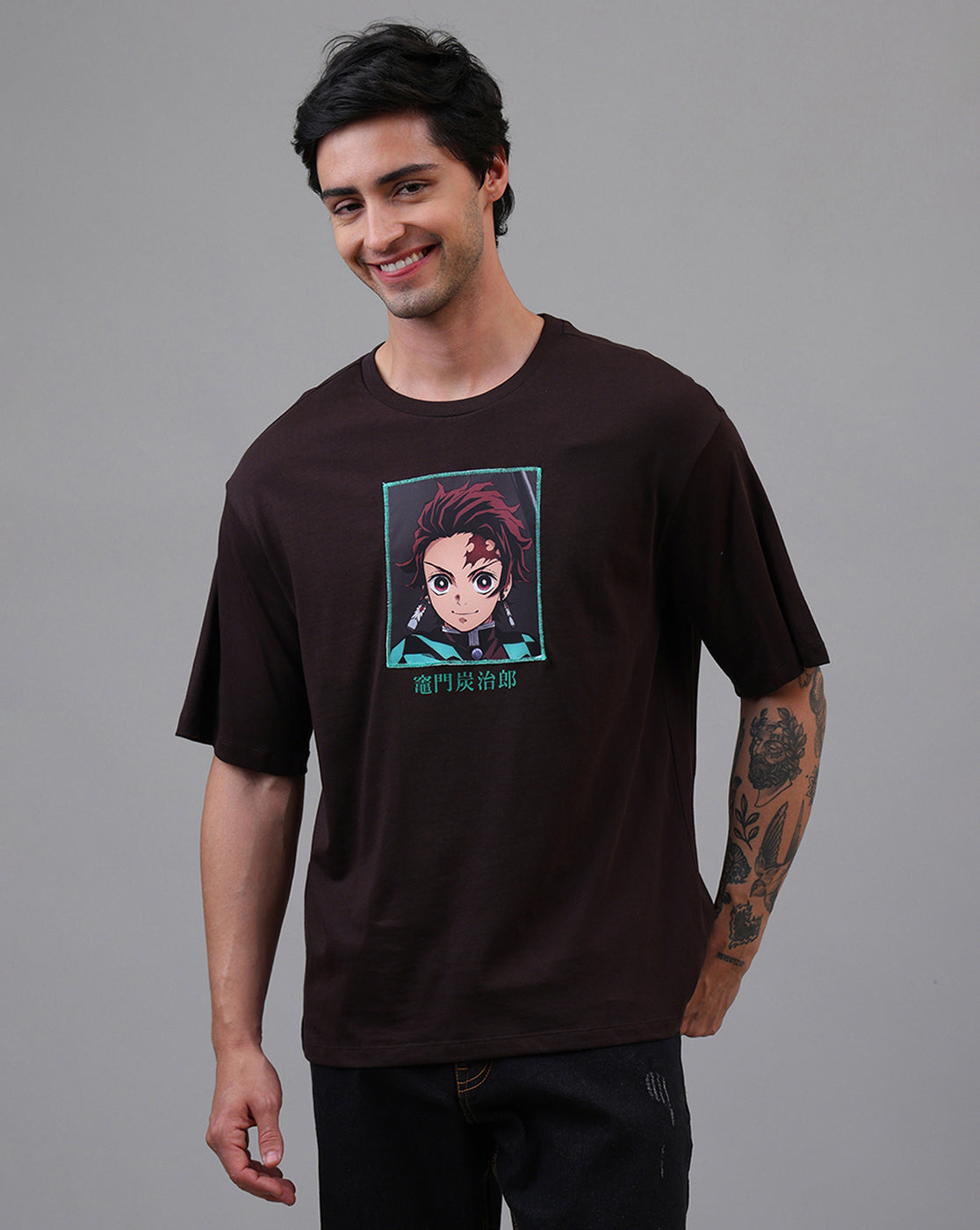 Demon Slayer: Tanjiro Anime Printed Pure Cotton Brown Oversized Tshirt For Men