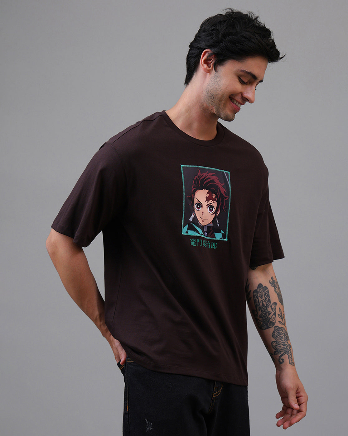 Demon Slayer: Tanjiro Anime Printed Pure Cotton Brown Oversized Tshirt For Men