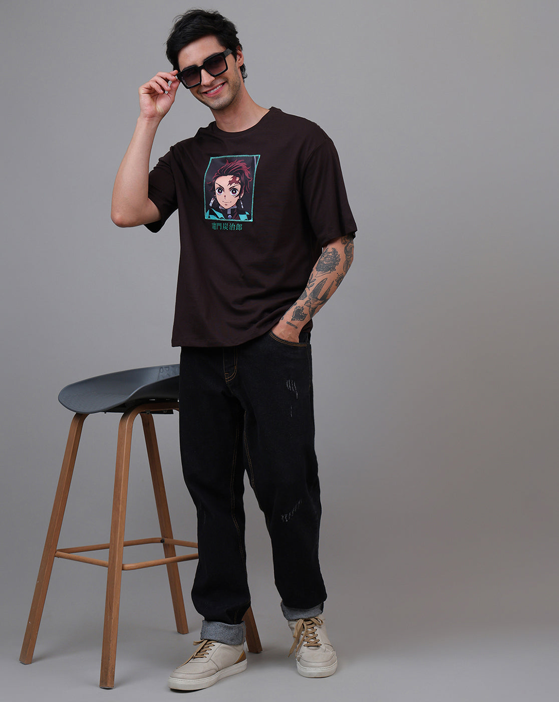 Demon Slayer: Tanjiro Anime Printed Pure Cotton Brown Oversized Tshirt For Men