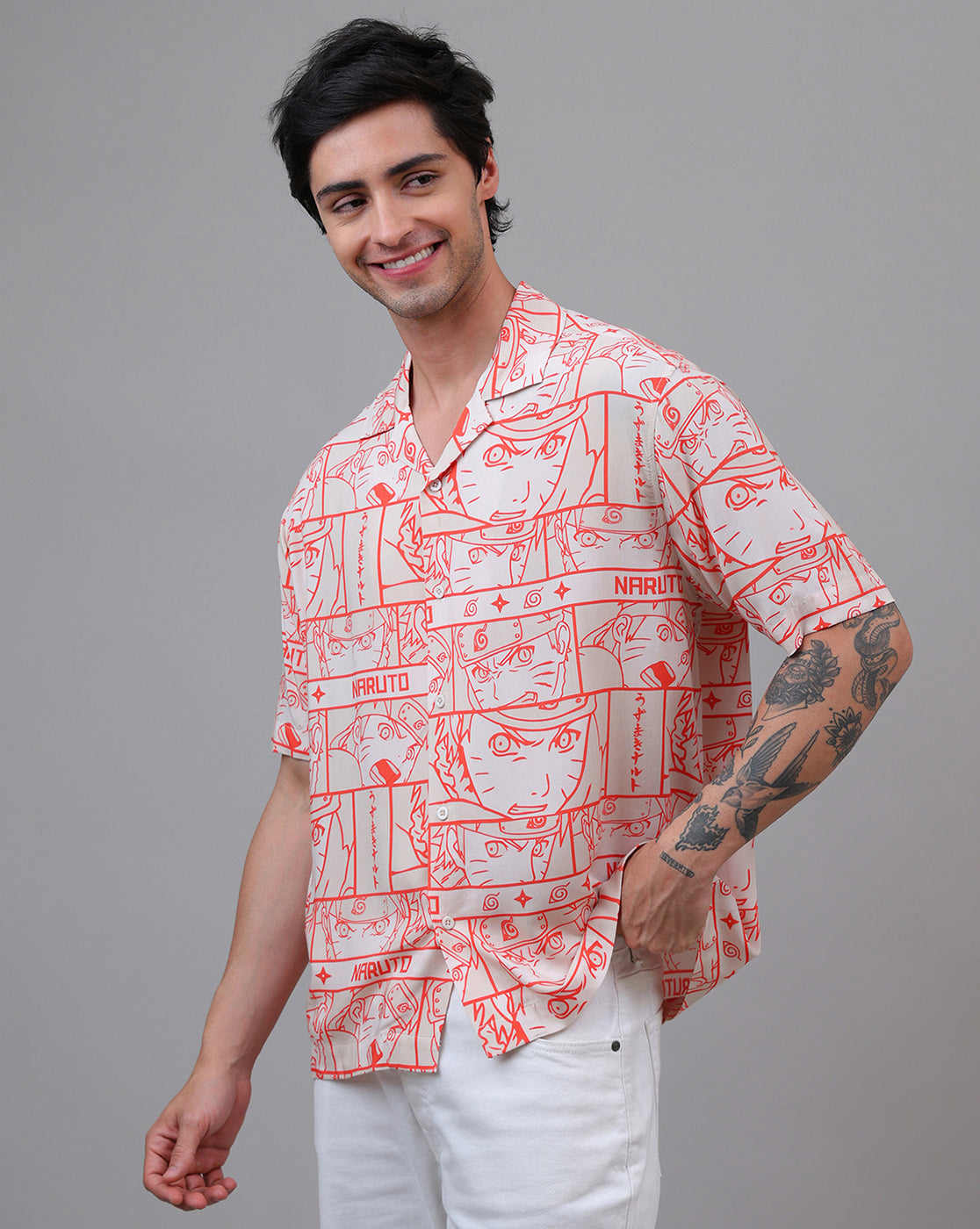 Naruto Anime Printed Regular Fit Rayon Beige Shirt For Men