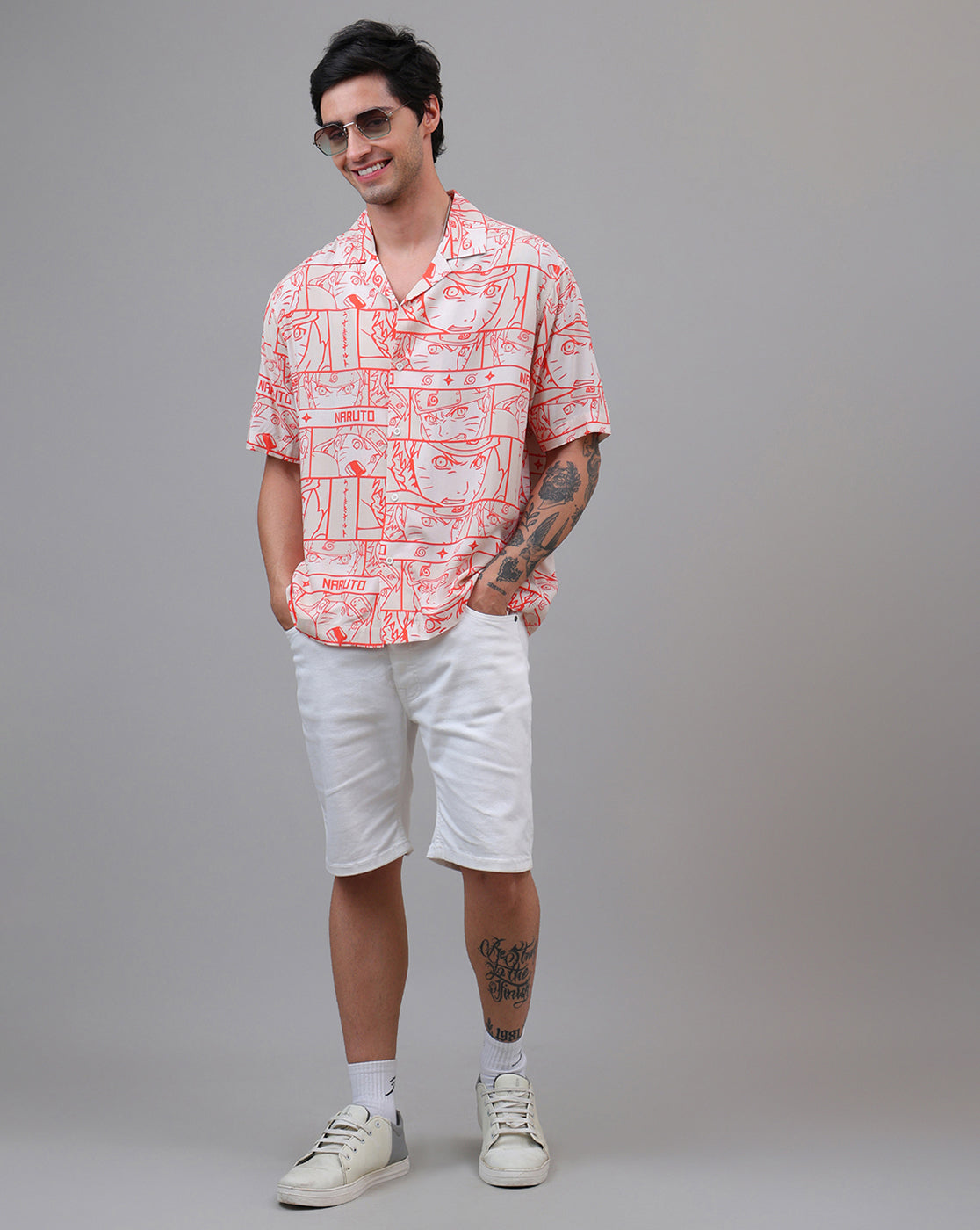 Naruto Anime Printed Regular Fit Rayon Beige Shirt For Men