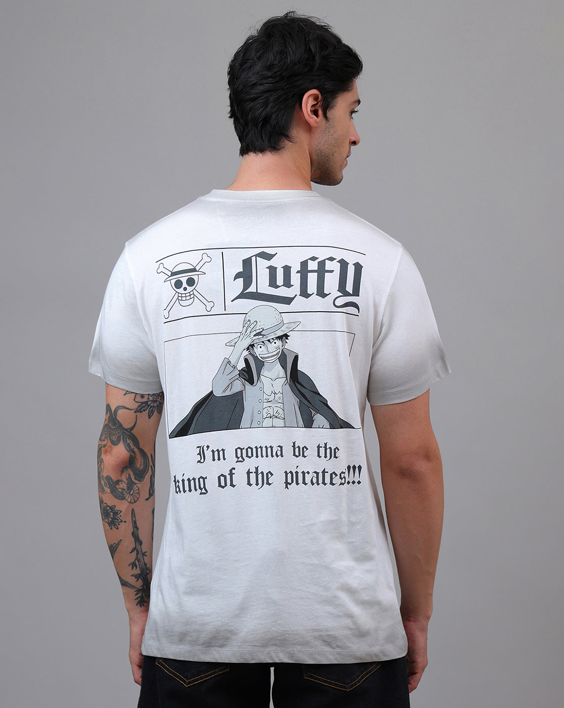 One Piece: Luffy Anime Printed Pure Cotton Off White Regular Fit Tshirt For Men