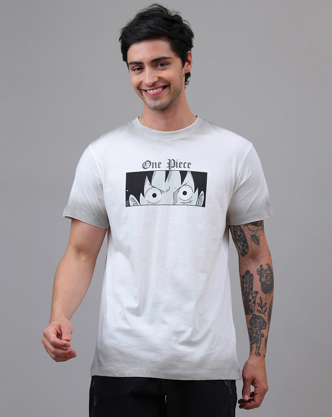 One Piece: Luffy Anime Printed Pure Cotton Off White Regular Fit Tshirt For Men