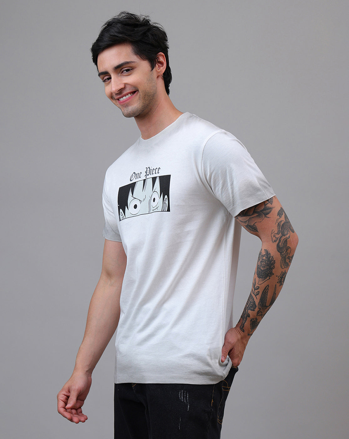 One Piece: Luffy Anime Printed Pure Cotton Off White Regular Fit Tshirt For Men