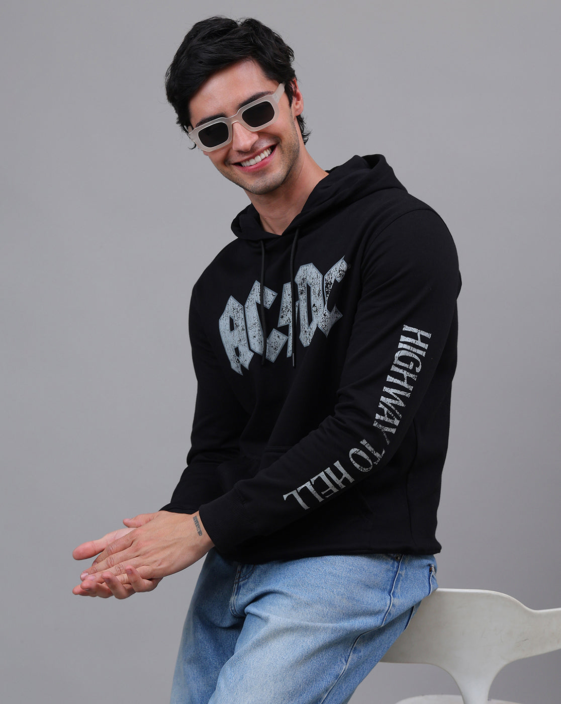 Official AC/DC: Highway To Hell Graphic Printed Regular Fit Black Hoodie For Men