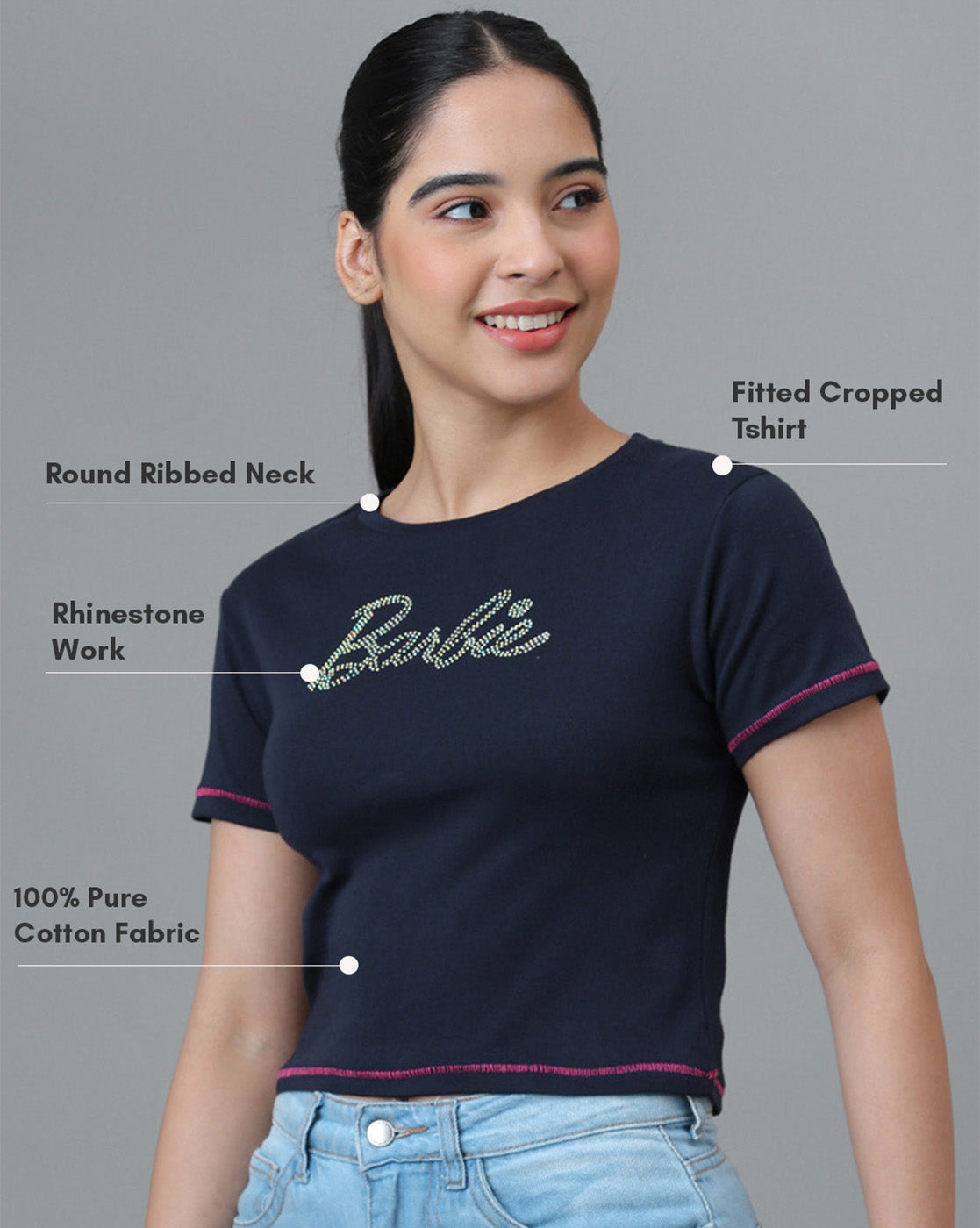 Barbie Rhinestones Fitted Cropped Tshirt For Women