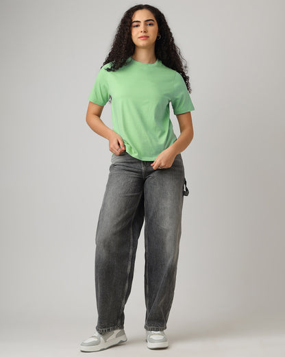 Green Solid Relaxed Fit T-shirt Women