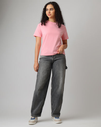 Pink Solid Relaxed Fit T-shirt Women