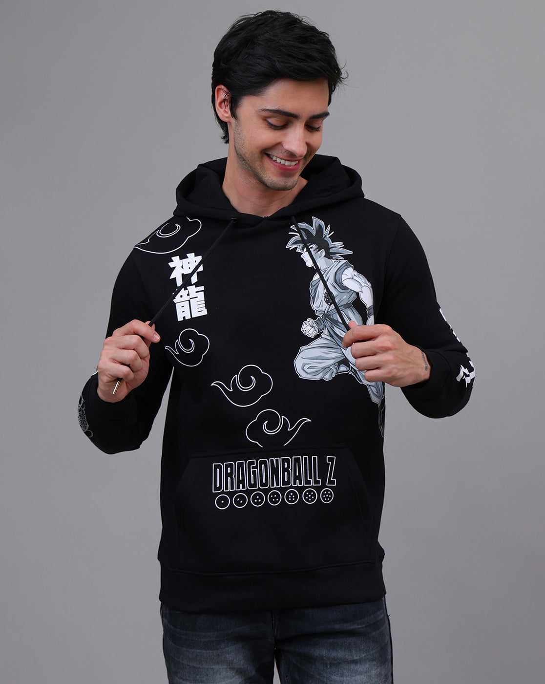 Dragon Ball Z: Goku Anime Printed Regular Black & Grey Hoodie For Men