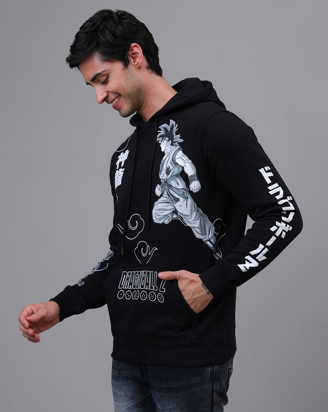 Dragon Ball Z: Goku Anime Printed Regular Black & Grey Hoodie For Men