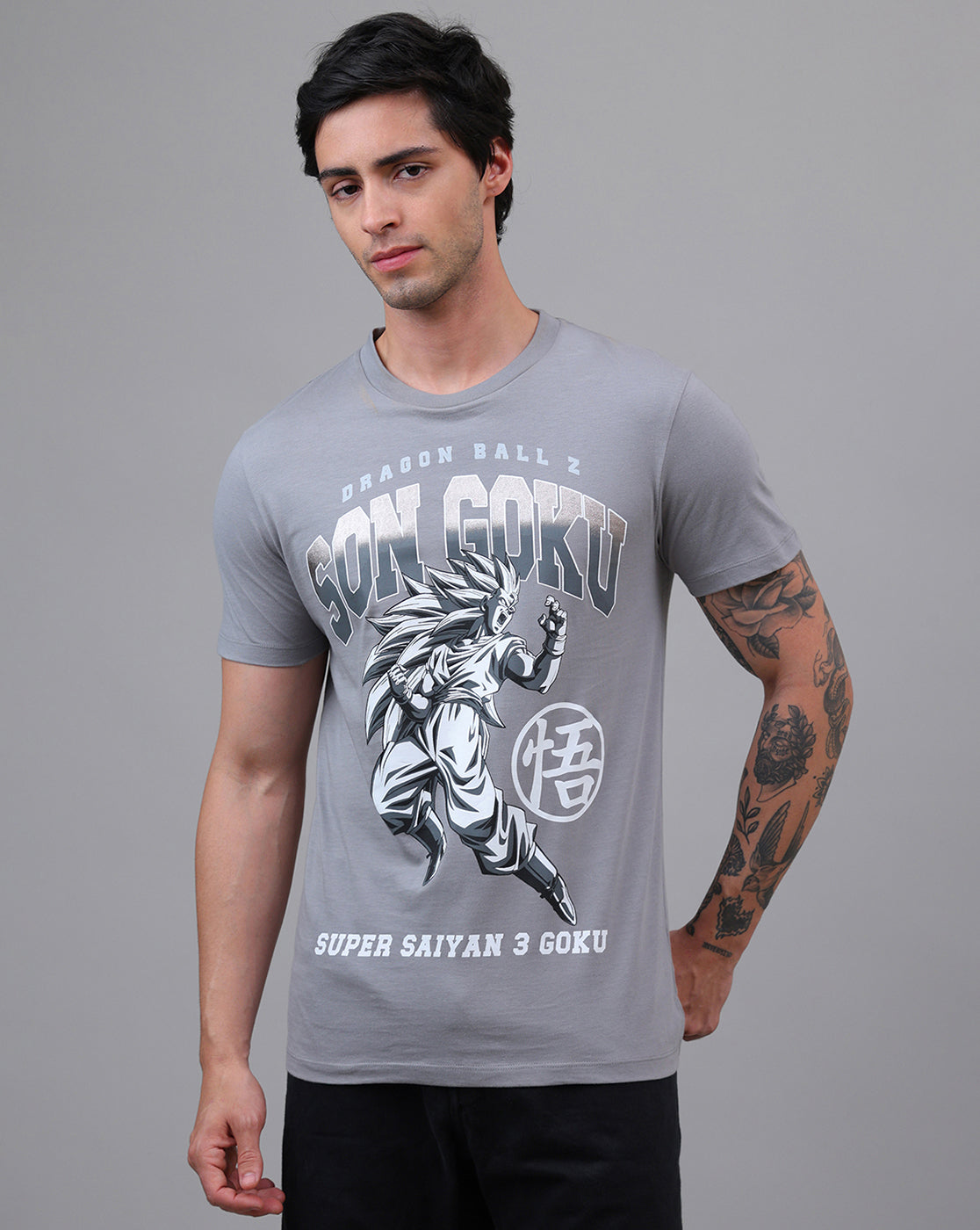 Dragon Ball Z: Son Goku Anime Printed Pure Cotton Grey Regular Fit Tshirt For Men
