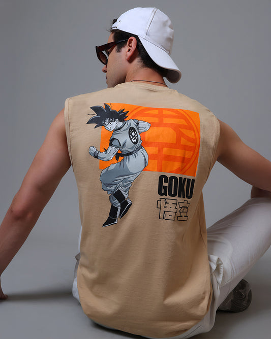 Dragon Ball Z Regular Fit Round Neck Beige Muscle-T For Young Men
