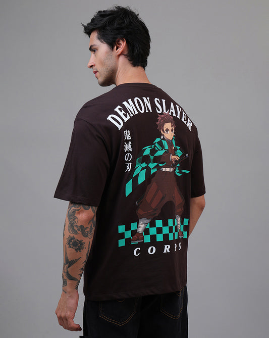 Demon Slayer: Tanjiro Anime Printed Pure Cotton Brown Oversized Tshirt For Men