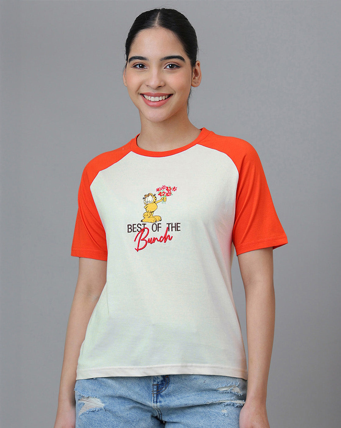 Garfield Embroidered Regular Fit Raglan Sleeves Tshirt For Women