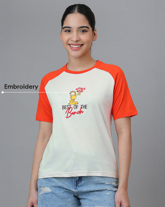 Garfield Embroidered Regular Fit Raglan Sleeves Tshirt For Women