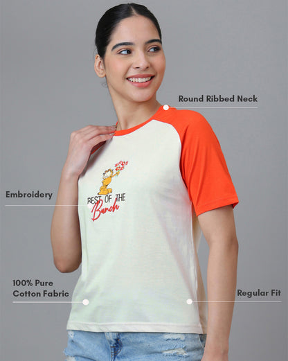 Garfield Embroidered Regular Fit Raglan Sleeves Tshirt  Women
