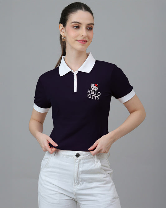 Hello Kitty Printed Regular Cropped Polo-Tshirt For Women