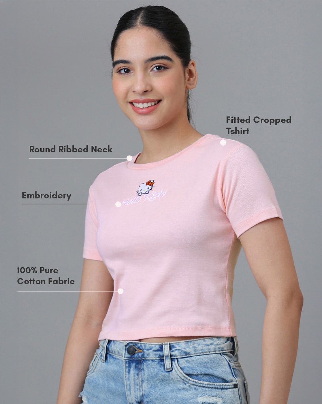 Hello Kitty Embroidered Fitted Cropped Tshirt For Women