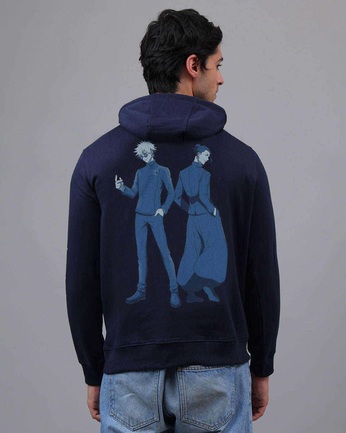 Jujutsu Kaisen navy blue regular fit hoodie for men featuring satoru gojo and suguro geto 