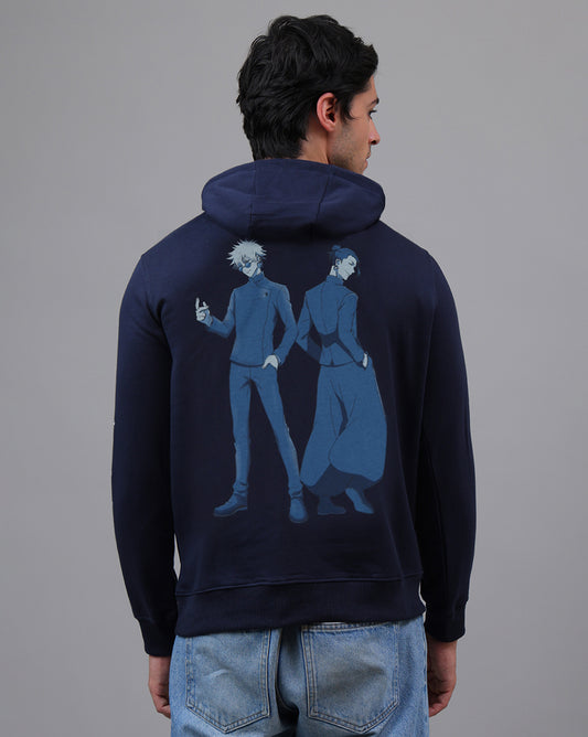 Jujutsu Kaisen navy blue regular fit hoodie for men featuring satoru gojo and suguro geto 