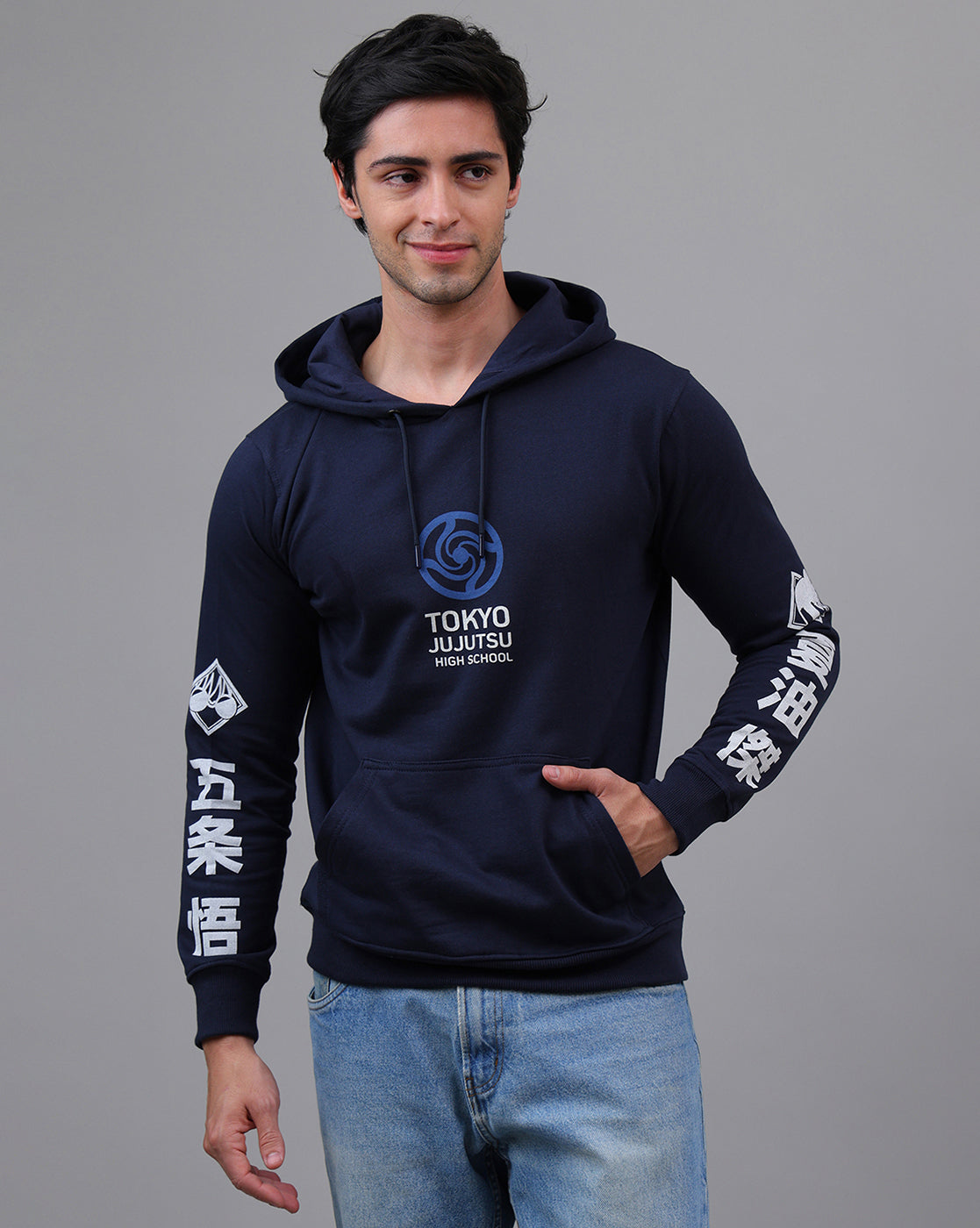 Jujutsu Kaisen navy blue regular fit hoodie for men featuring satoru gojo and suguro geto 