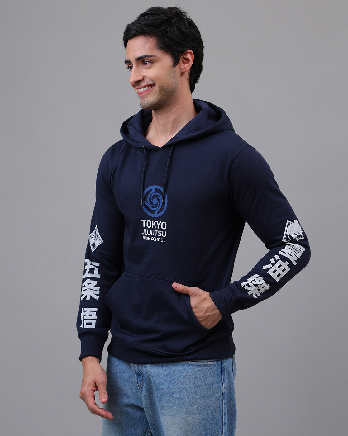 Jujutsu Kaisen navy blue regular fit hoodie for men featuring satoru gojo and suguro geto by free authority