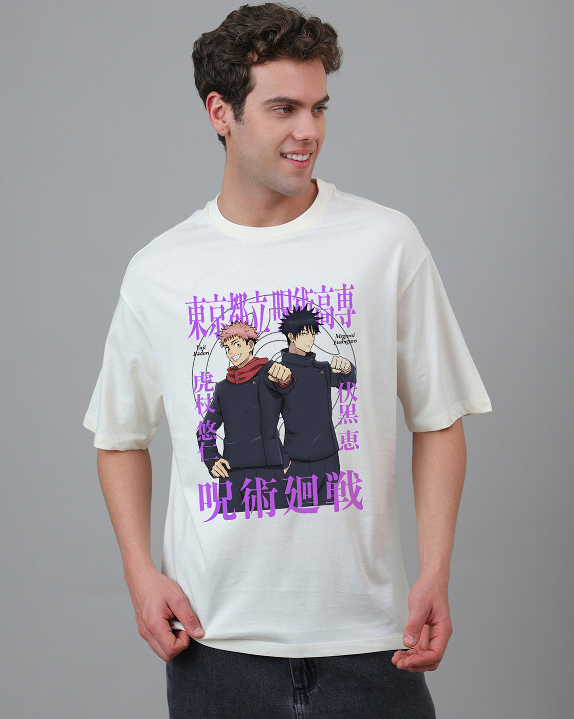 Jujutsu Kaisen Yuji Itadori & Megumi Fushiguro Printed Oversized Tshirt For Men