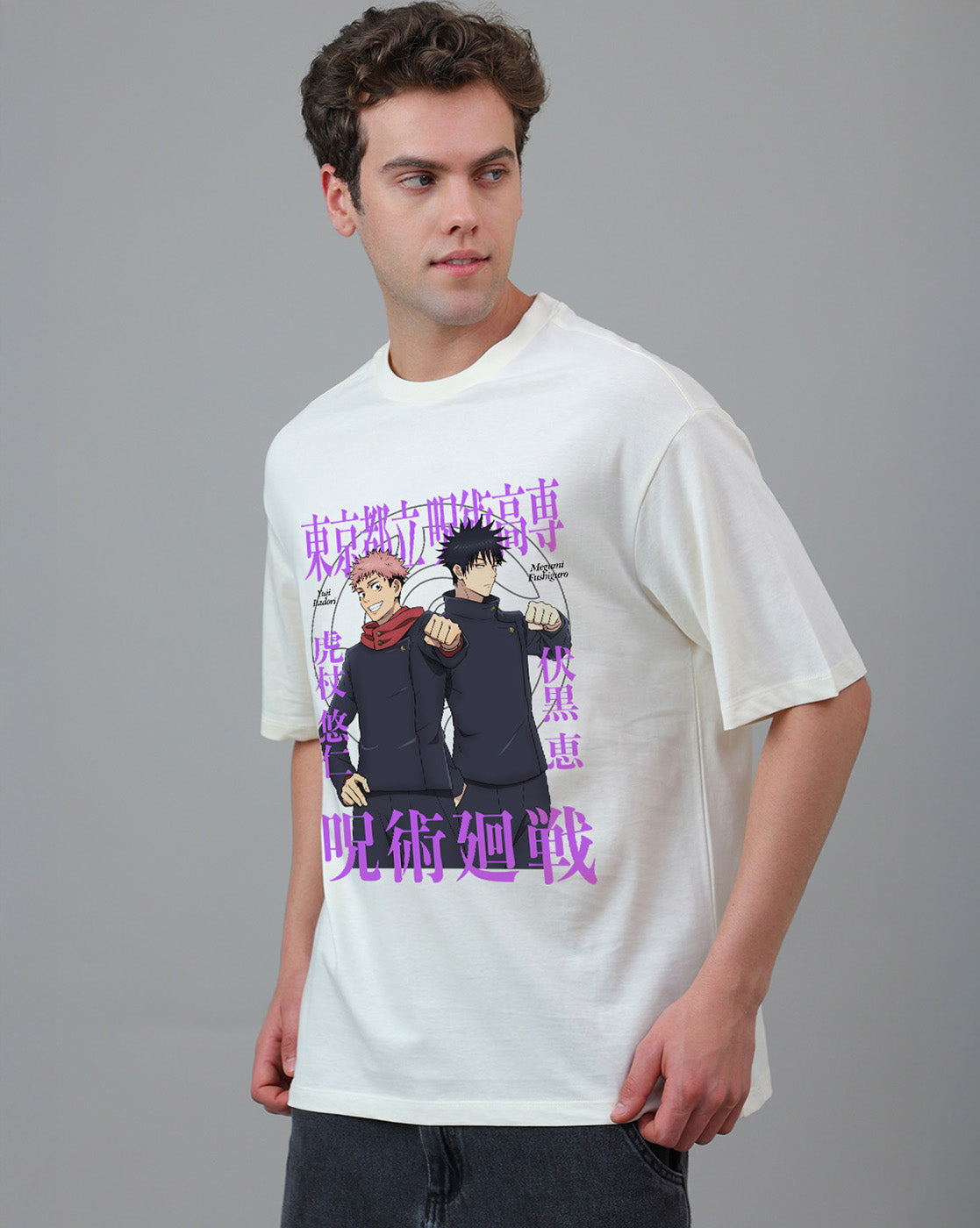 Jujutsu Kaisen Yuji Itadori & Megumi Fushiguro Printed Oversized Tshirt For Men
