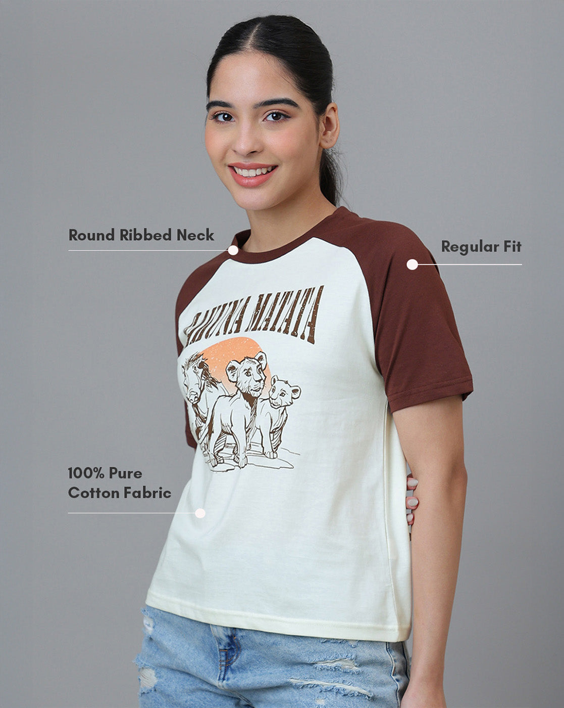 Lion King Printed Regular Fit Raglan Sleeves Tshirt For Women