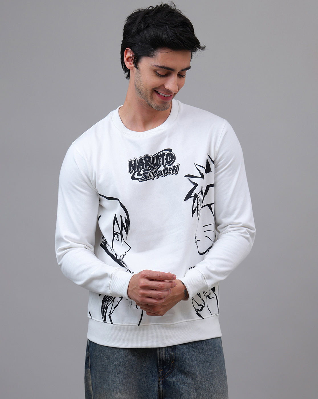 Naruto Anime Printed Regular Fit Off White Sweatshirt For Men