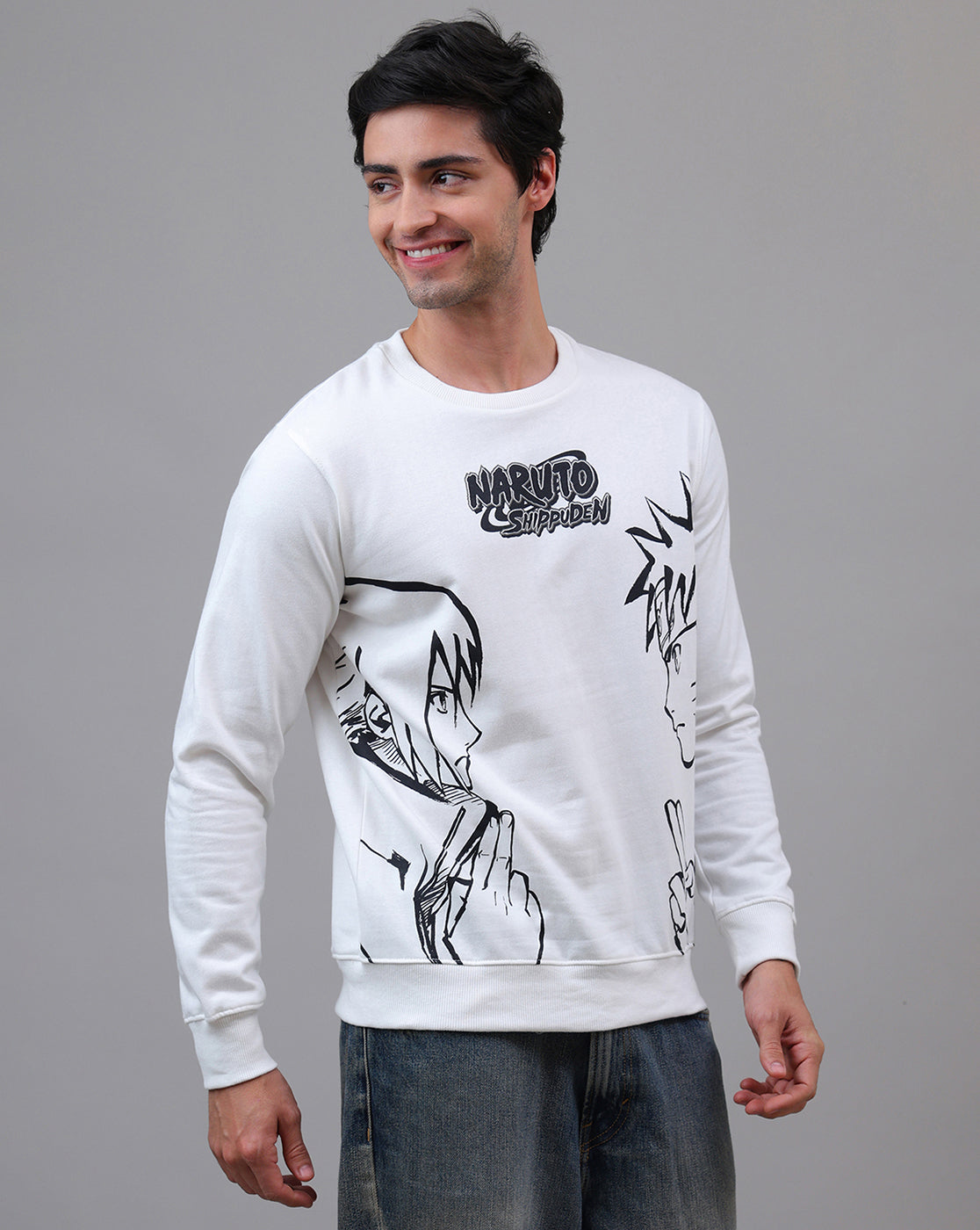 Naruto Anime Printed Regular Fit Off White Sweatshirt For Men