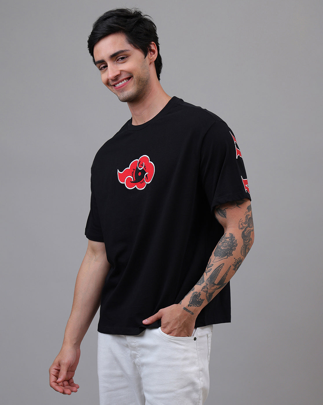 Naruto Akatsuki Anime Printed Pure Cotton Black Oversized Tshirt For Men