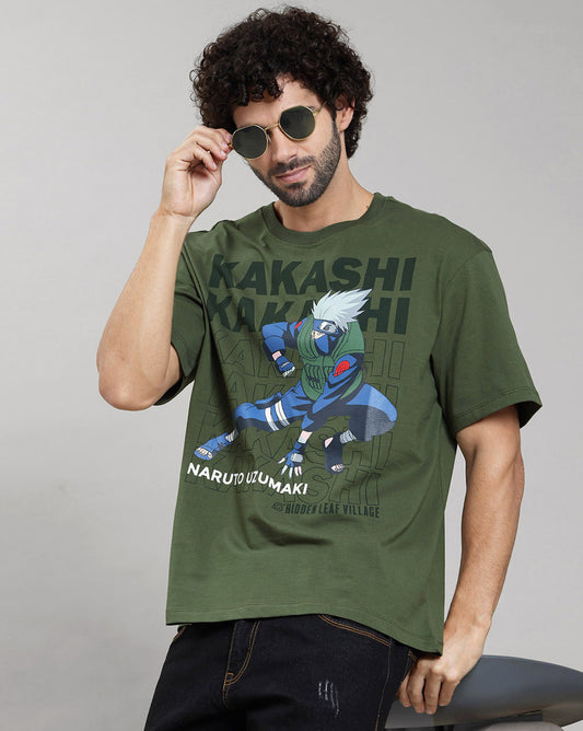 Naruto Kakashi Olive Oversized Tshirt Men