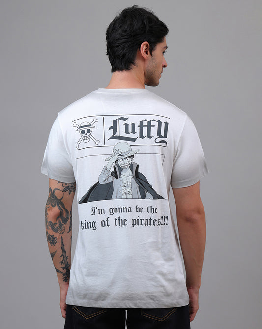 One Piece: Luffy Anime Printed Pure Cotton Off White Regular Fit Tshirt For Men