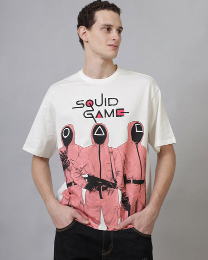 Oversized Squid Game T-shirt with red guard design and geometric mask symbols – Netflix official merch