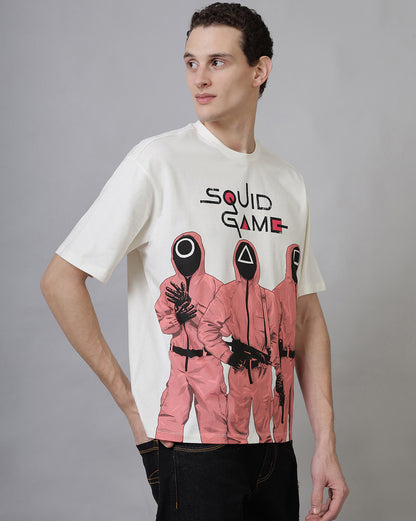 Oversized Squid Game T-shirt with red guard design and geometric mask symbols – Netflix official merch