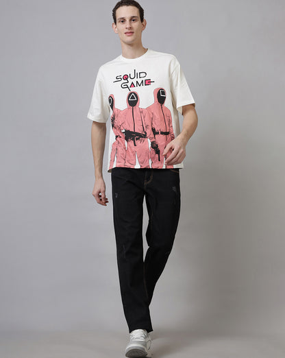 Oversized Squid Game T-shirt with red guard design and geometric mask symbols – Netflix official merch