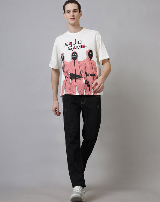 Oversized Squid Game T-shirt with red guard design and geometric mask symbols – Netflix official merch