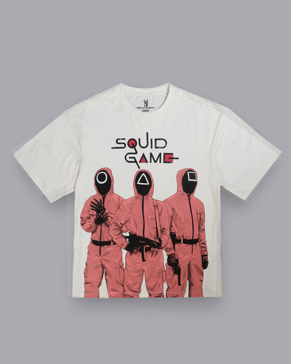 Oversized Squid Game T-shirt with red guard design and geometric mask symbols – Netflix official merch