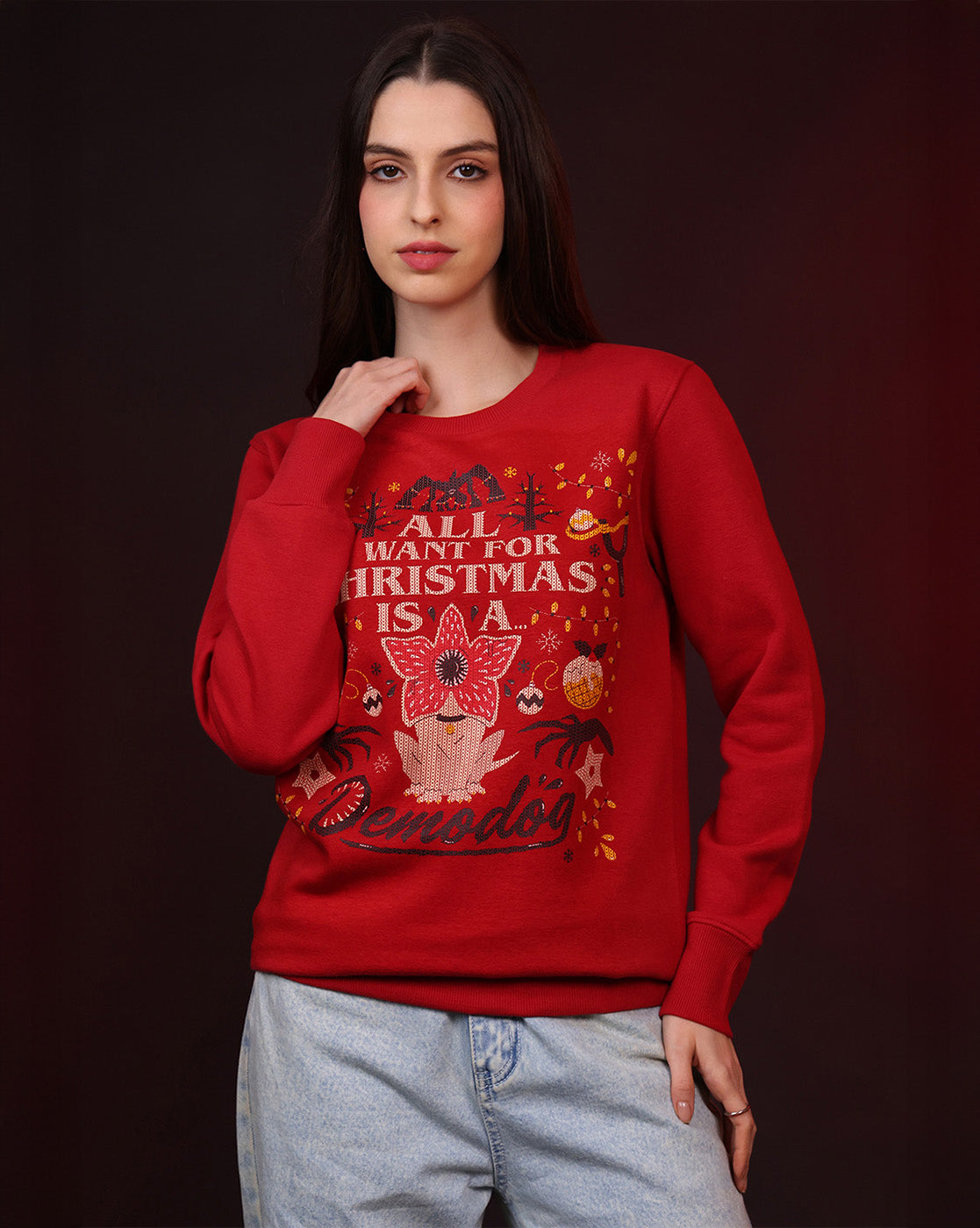 Stranger Things Demodog Ugly Sweater Theme Relaxed Fit Sweatshirt Women