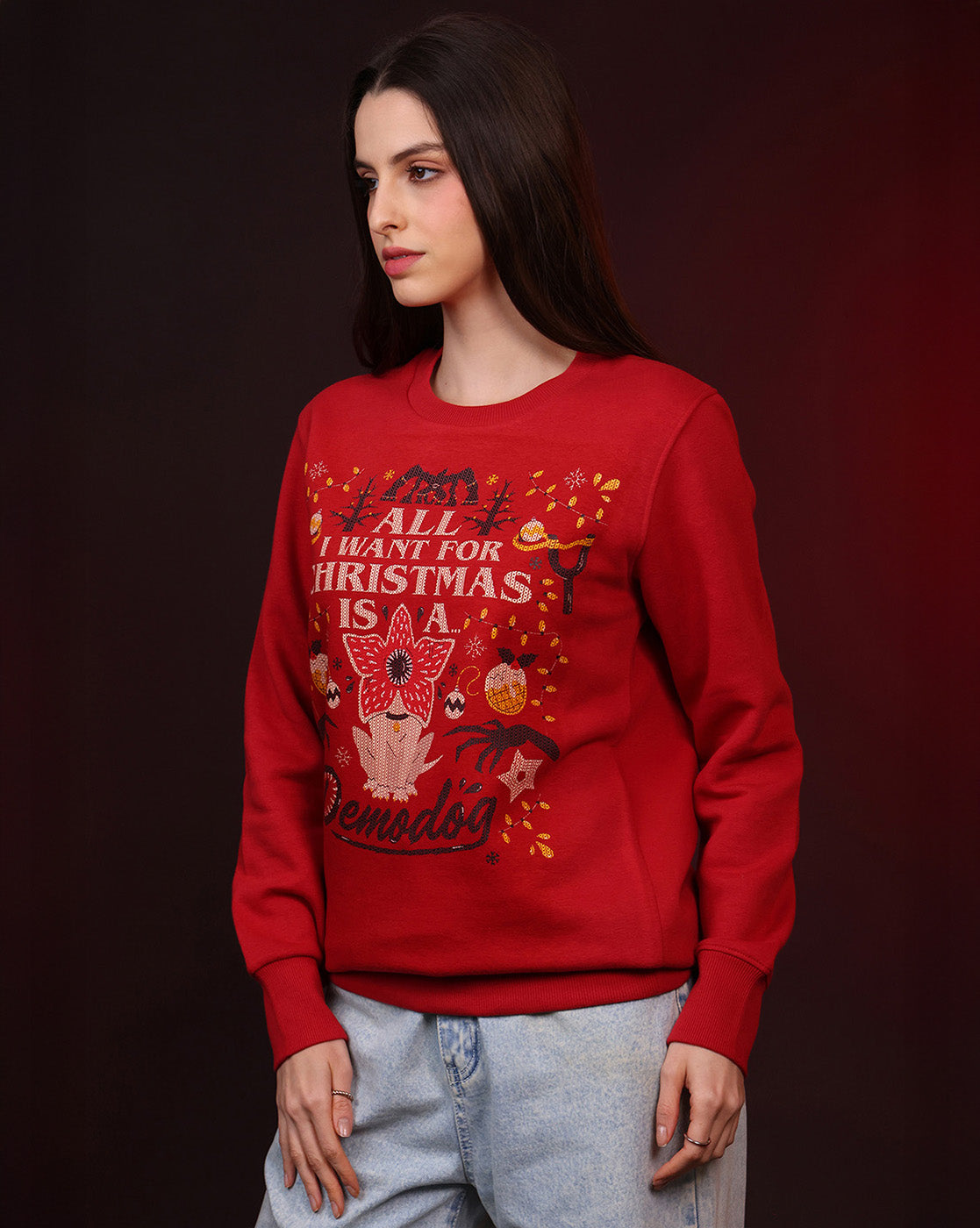 Stranger Things Demodog Ugly Sweater Theme Relaxed Fit Sweatshirt Women