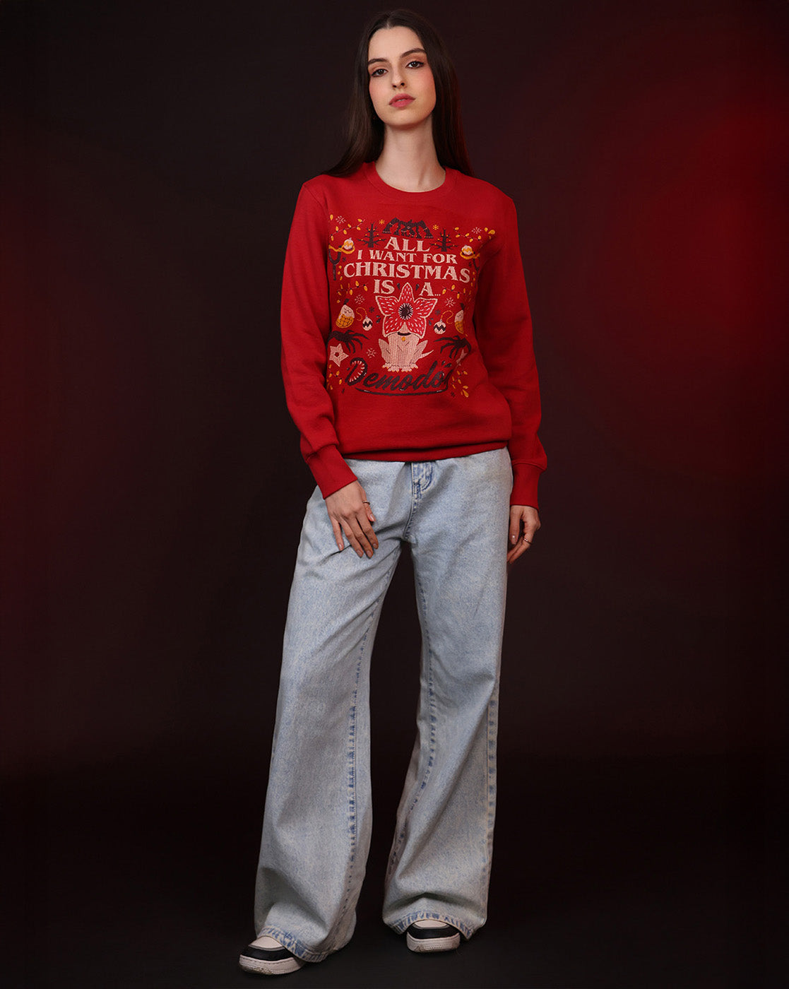 Stranger Things Demodog Ugly Sweater Theme Relaxed Fit Sweatshirt Women