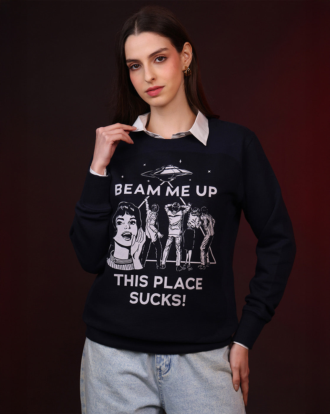 Stranger Things Beam Me Up This Place Sucks Relaxed Fit Sweatshirt Women