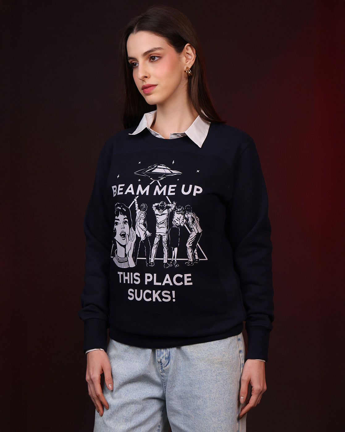Stranger Things Beam Me Up This Place Sucks Relaxed Fit Sweatshirt Women