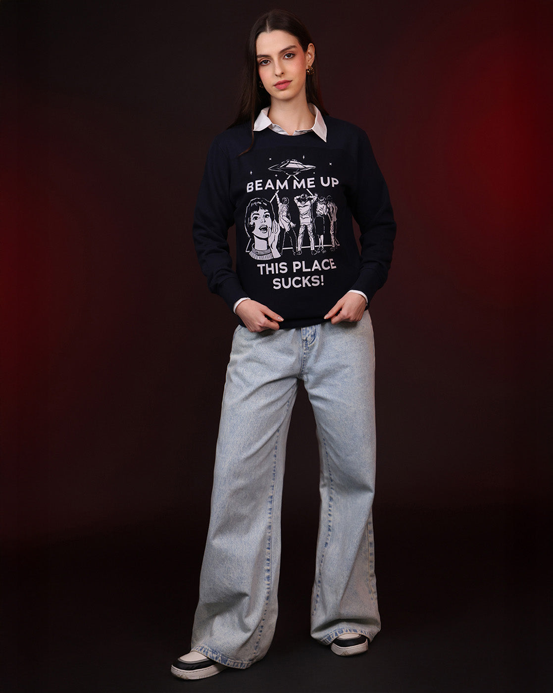 Stranger Things Beam Me Up This Place Sucks Relaxed Fit Sweatshirt Women