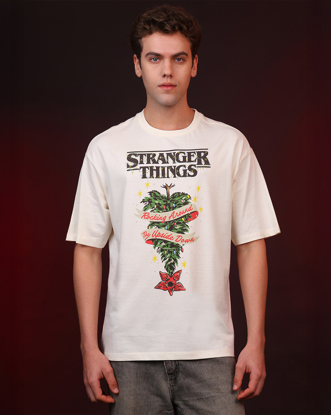 Stranger Things Upside Down Christmas Oversized Tshirt For Men